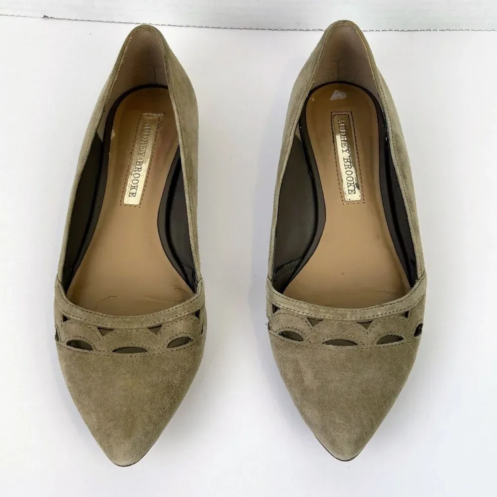 Audrey Brooke Marte Pointed Toe Ballet Flats Taupe Tan Suede Cutouts Shoes 8.5